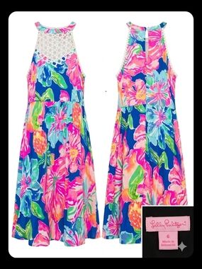 Lilly Pulitzer Vibrant Floral Halter Dress - Blue & Neon Pink